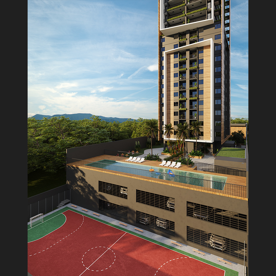 Perspectiva 3D da quadra poliesportiva e piscina, localizados na parte posterior do prédio