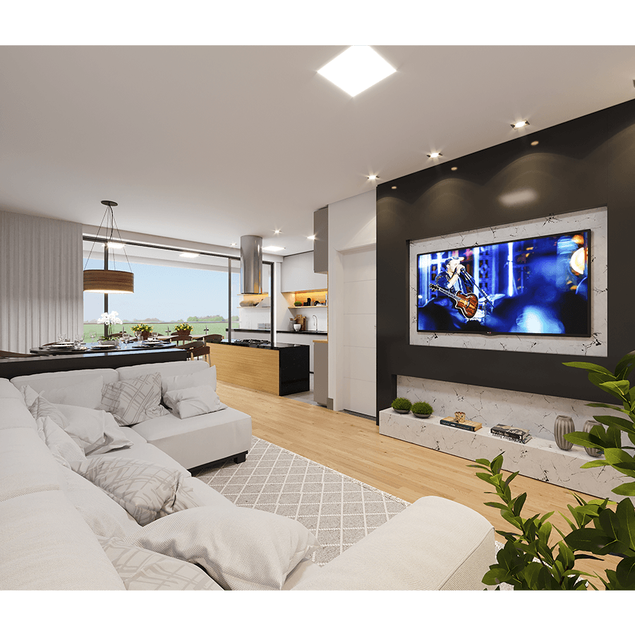 Perspectiva 3D da sala de estar da planta 03 do prédio residencial JK Boa Vista, no pq. boa vista em Sorocaba
