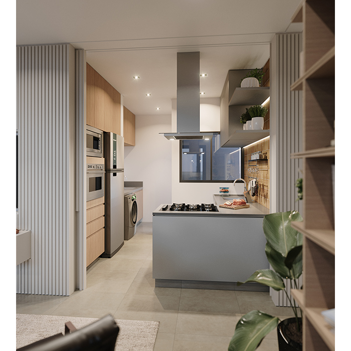 3D da cozinha conceito aberto dos aptos de 78m² do Alameda JK, prédio residencial no Campolim em Sorocaba/SP