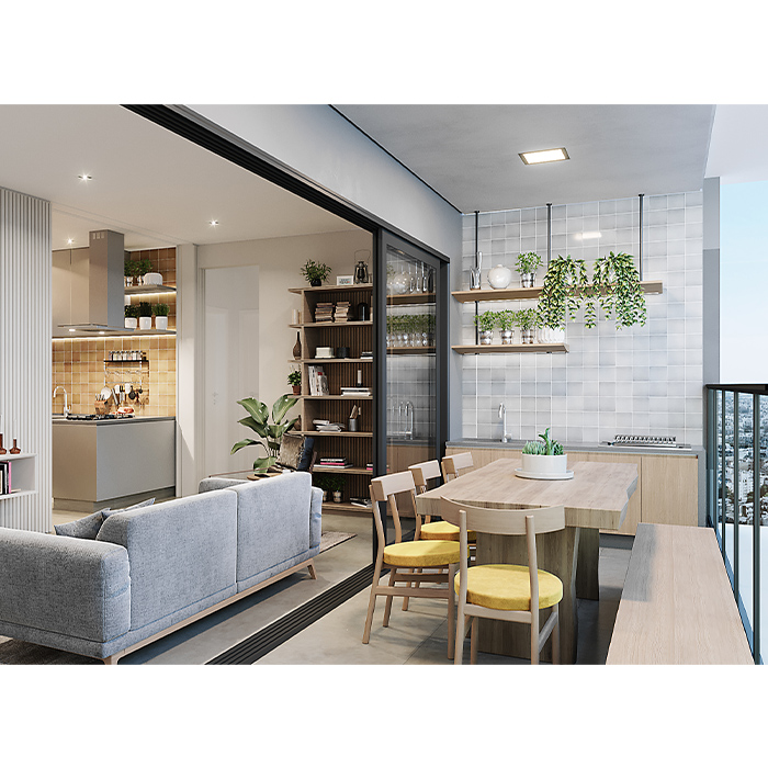 3D das salas e da cozinha conceito aberto dos aptos de 78m² do Alameda JK, prédio residencial no Campolim em Sorocaba/SP