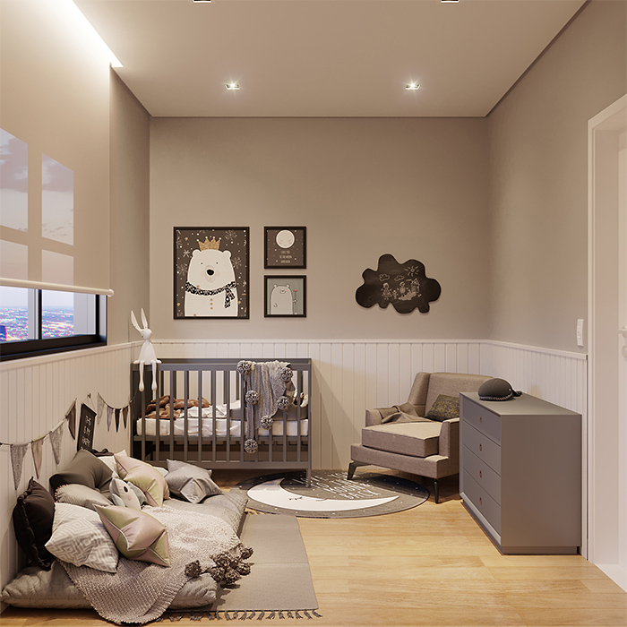 3D do dormitório 03 dos aptos de 95,66m² do Alameda JK, prédio residencial no Campolim em Sorocaba/SP