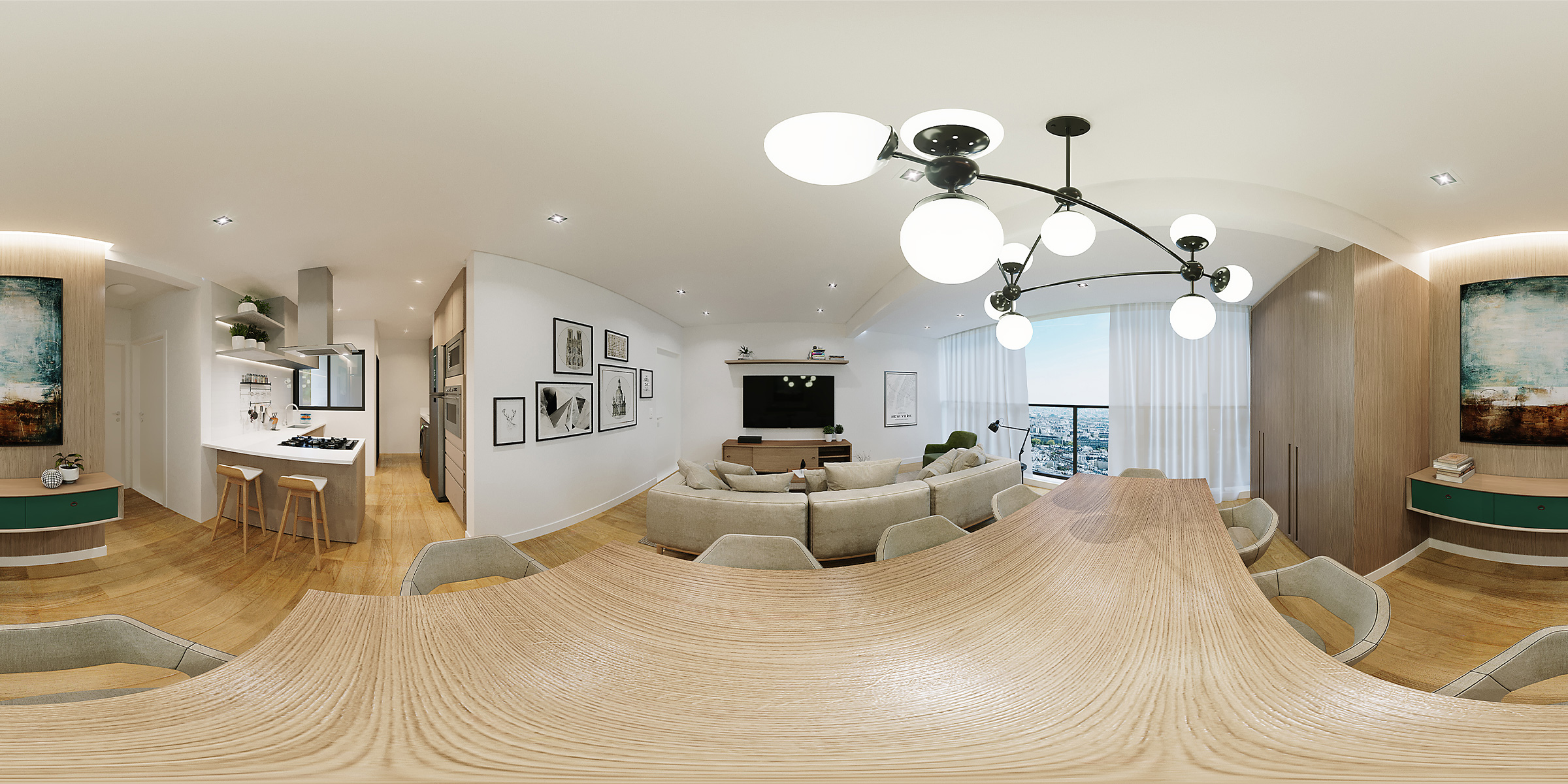Imagem de câmera 3D para visualizar o apartamento de 95,66m² na Torre A do prédio residencial Alameda JK, no pq. Campolim em Sorocaba, SP