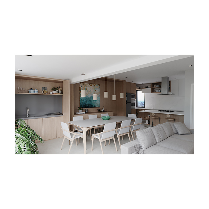 3D das salas integradas dos aptos de 128,90m² do Alameda JK, prédio residencial no Campolim em Sorocaba/SP