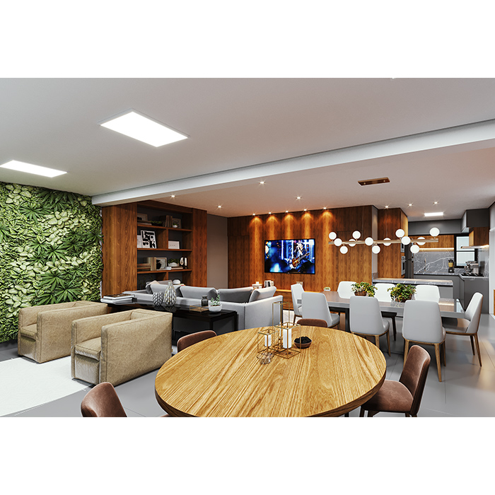 3D das salas integradas dos aptos de 160,55m² do Alameda JK, prédio residencial no Campolim em Sorocaba/SP
