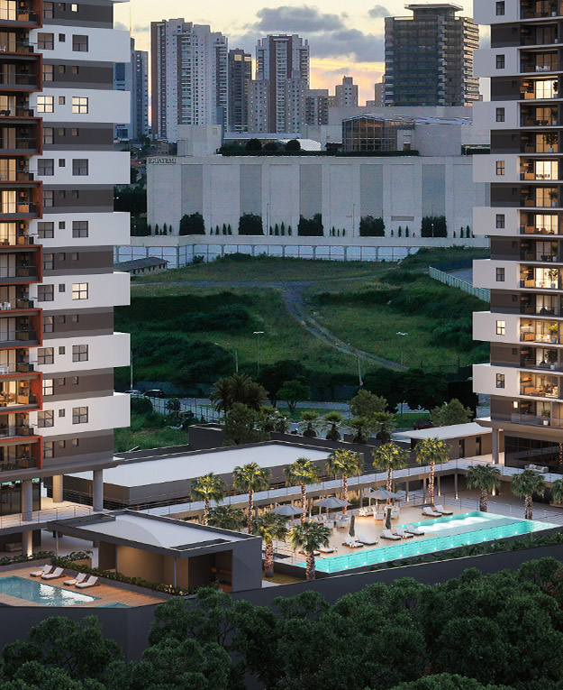 3D com visão aérea da área de lazer do Alameda JK, prédio residencial no Campolim, em Sorocaba/SP