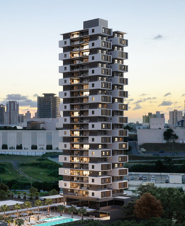 Visão 3D de uma das torres do Alameda JK, prédio residencial no Campolim, em Sorocaba/SP